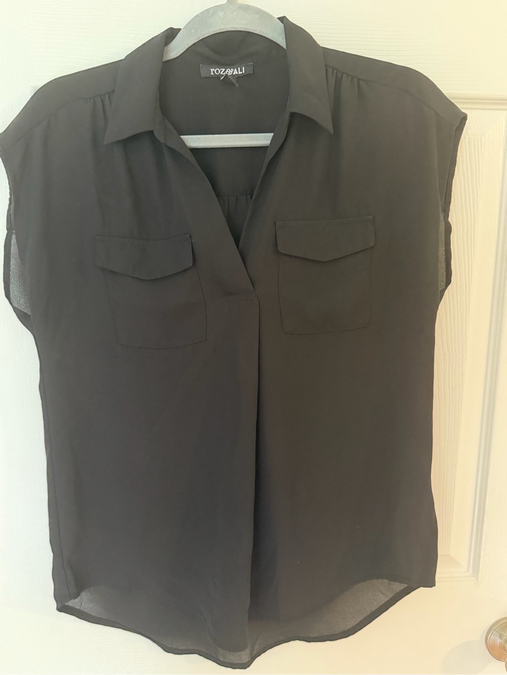 Roz & Ali Black Cap-Sleeve Collared Blouse